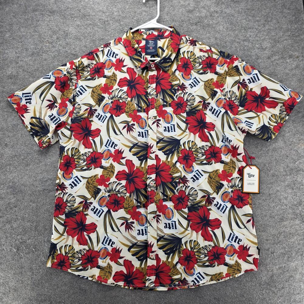 Miller Lite Shirt Mens 2XL White Short Sleeve Button Up Polyester Floral